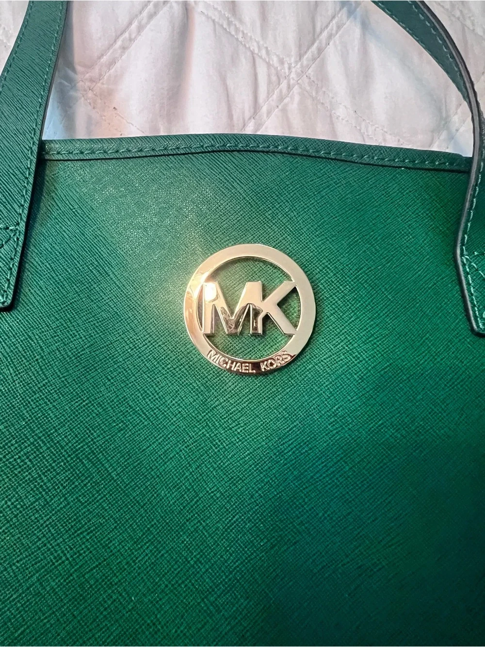 Michael Kors Green Leather Tote with Gold MK Emblem